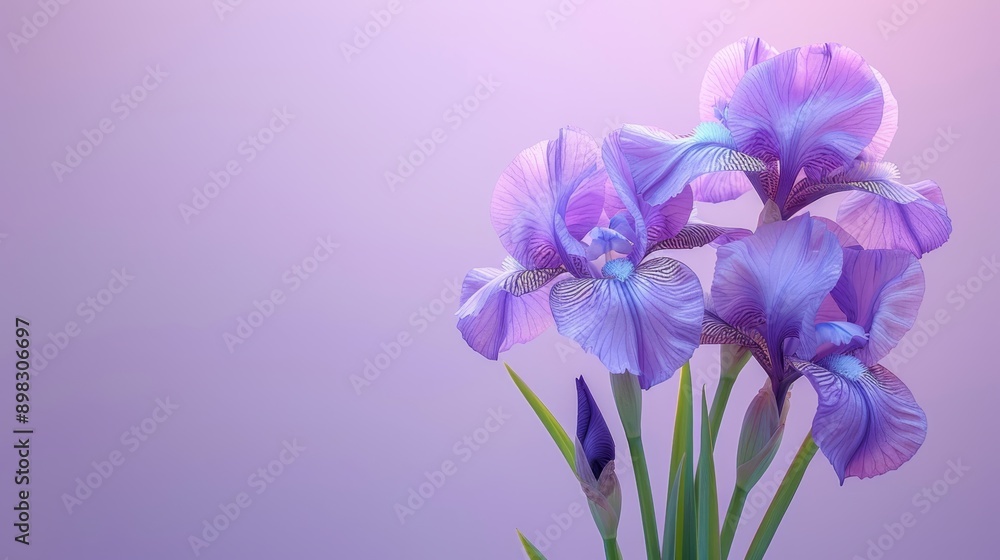 Obraz premium A vase holds several purple flowers against a light purple background Their green stems extend in front