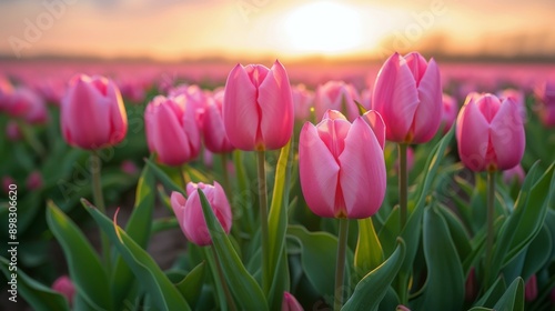 Field of Pink Tulips With Sun Setting