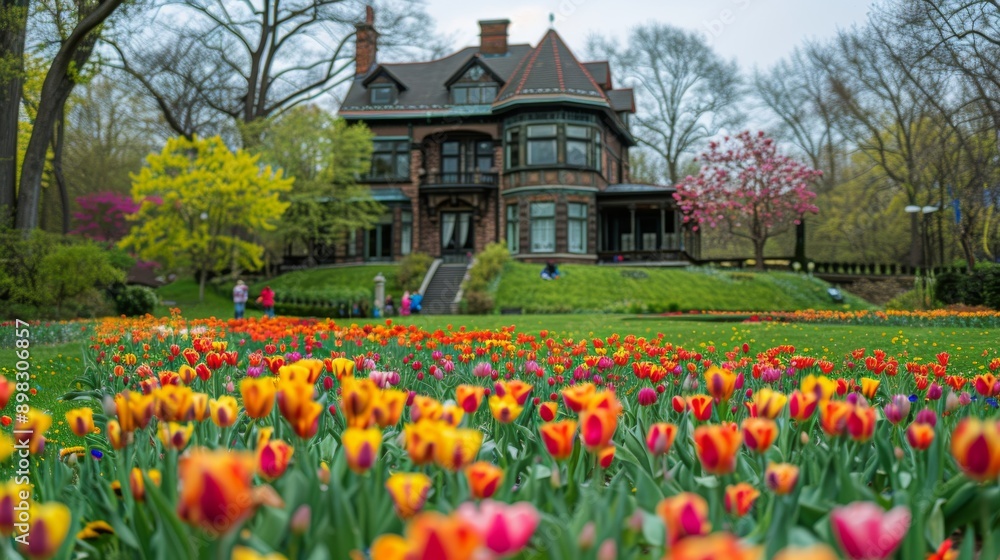Field of Pink and Yellow Tulips in Front of Large House Field of Pink and Yellow Tulips in Front of Large House