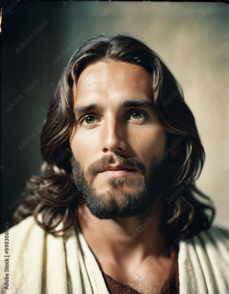 Portrait of a Man Dressed as Jesus. White robe. Long brown hair and beard. Man appears to be in his early 30s, and he has a serious expression on his face. Christian religion and faith. AI Portrait of a Man Dressed as Jesus. White robe. Long brown hair and beard. Man appears to be in his early 30s, and he has a serious expression on his face. Christian religion and faith. AI