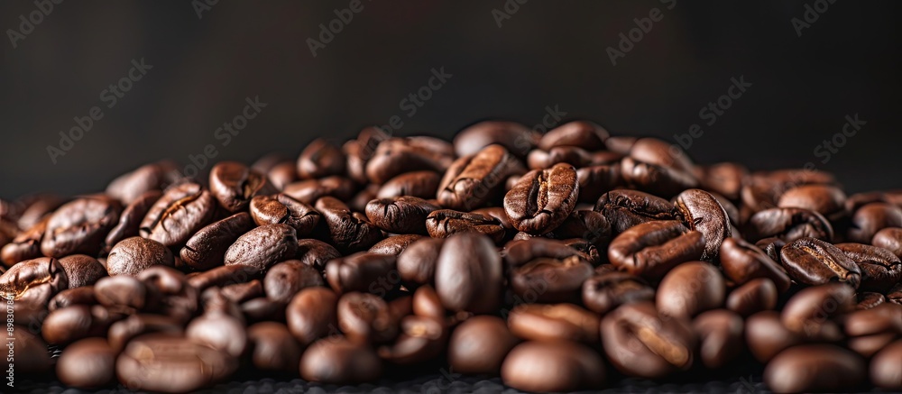 Obraz premium A close up image featuring a pile of roasted coffee beans against a black background with ample copy space image included