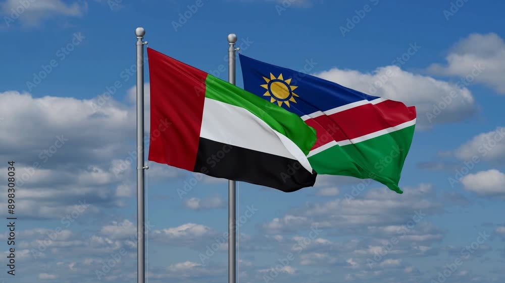 United Arab Emirates and Namibia flags flying together, video concept of the relationship, two country relations concept United Arab Emirates and Namibia flags flying together, video concept of the relationship, two country relations concept