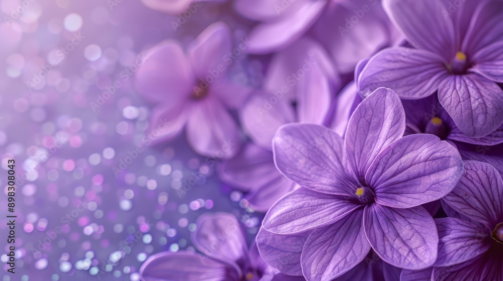 Purple flowers in clusters sit atop a blue-purple tablecloth, surrounded by background sparks Purple flowers in clusters sit atop a blue-purple tablecloth, surrounded by background sparks