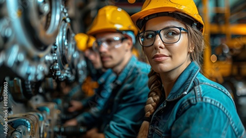 Two Men Wearing Hard Hats and Glasses in a Factory