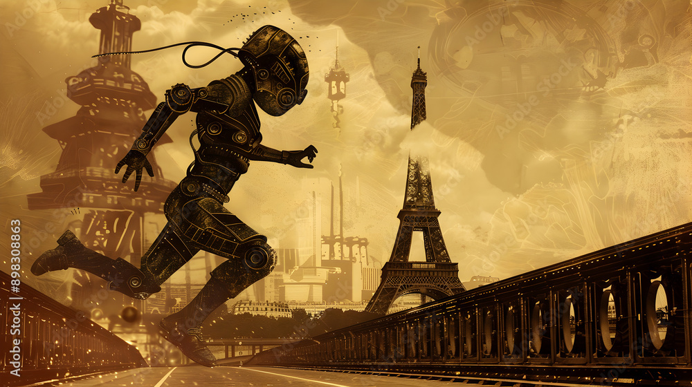 Obraz premium Steampunk Long Jump: A steampunk-themed illustration of a long jumper with the Eiffel Tower in the background on a brown background.