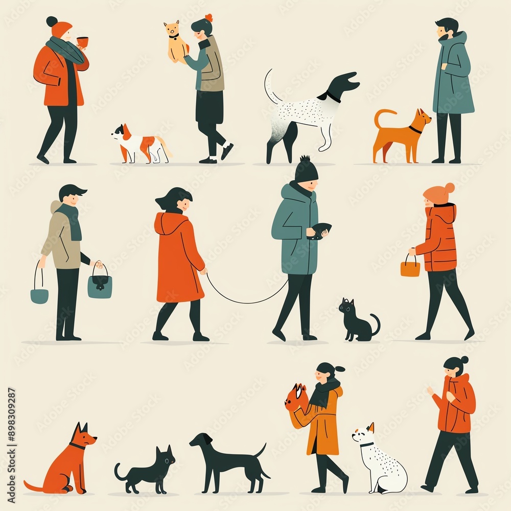 Naklejka premium Pet care, people with dogs and cats, flat design illustration