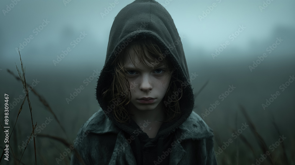 Child in a hooded coat standing in a misty field, staring intently at the camera with a serious, intense expression. Child in a hooded coat standing in a misty field, staring intently at the camera with a serious, intense expression.