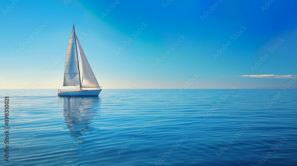 Obraz premium Sailboat sailing on calm sea under blue sky with reflection