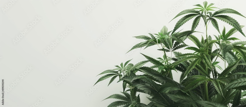 Isolated cannabis plants with detailed leaf texture on white background Selective focus in image with copy space for text Isolated cannabis plants with detailed leaf texture on white background Selective focus in image with copy space for text