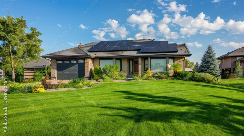 idyllic suburban home with sleek solar panels seamlessly integrated into the roof design lush green lawn and vibrant sky emphasize ecofriendly living and sustainable energy solutions idyllic suburban home with sleek solar panels seamlessly integrated into the roof design lush green lawn and vibrant sky emphasize ecofriendly living and sustainable energy solutions