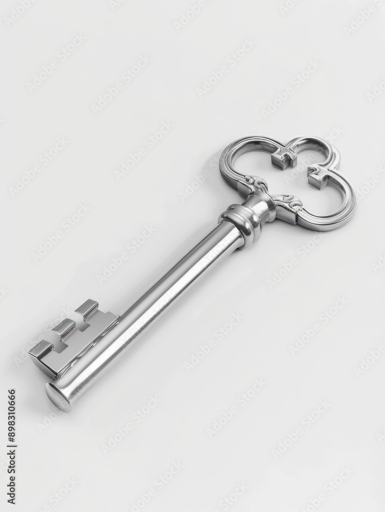 A single silver skeleton key lying on a white surface A single silver skeleton key lying on a white surface