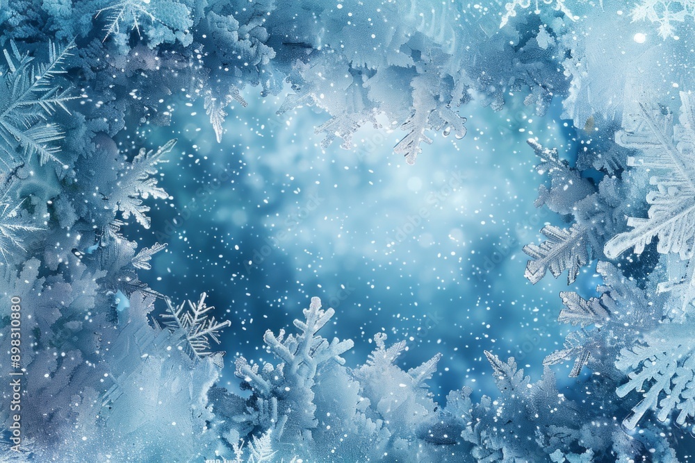 Christmas card design with a frame of sparkling ice and snowflakes, with intricate frost patterns. Christmas card design with a frame of sparkling ice and snowflakes, with intricate frost patterns.