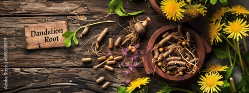 Dandelion root and supplement capsules. Selective focus. photo