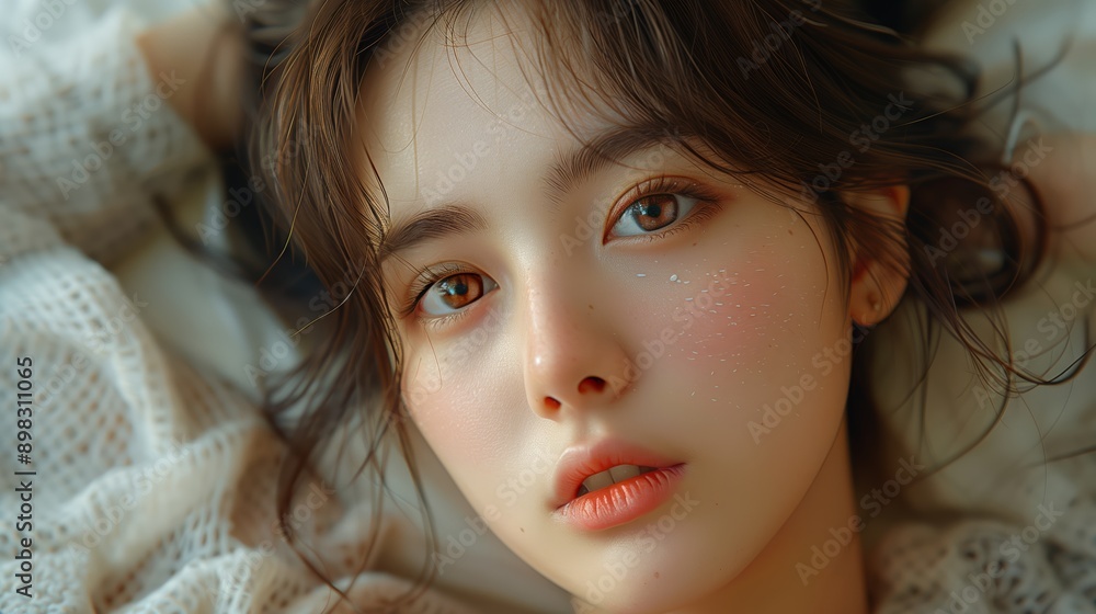 Close Up Portrait Of A Young Woman With Brown Eyes And Pink Cheeks Close Up Portrait Of A Young Woman With Brown Eyes And Pink Cheeks