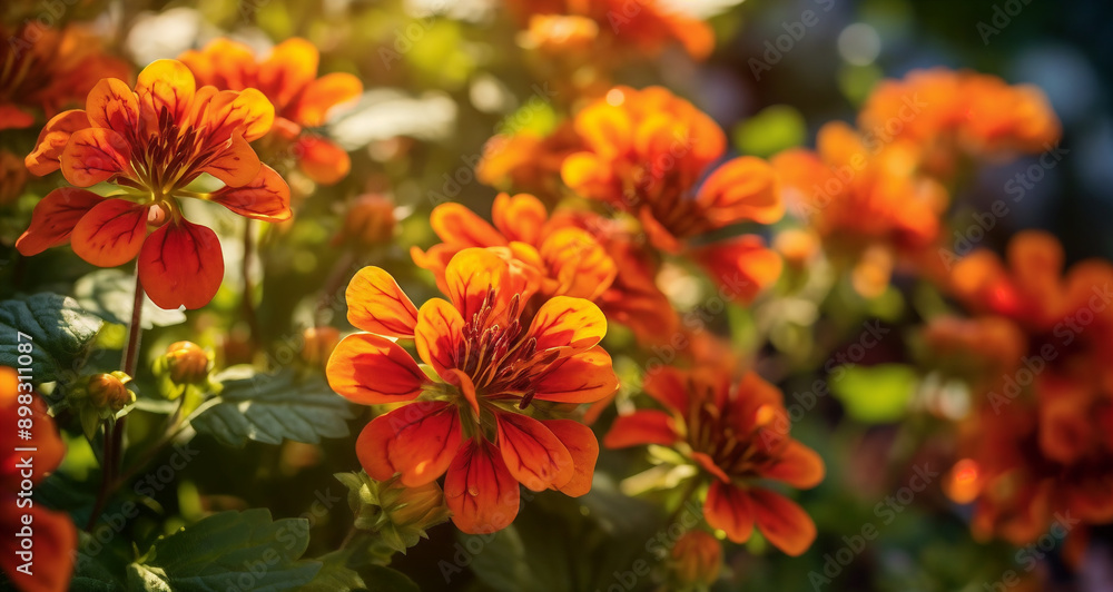a close up of a bunch of orange flowers with green leaves on them and a bright sun shining on the background a close up of a bunch of orange flowers with green leaves on them and a bright sun shining on the background