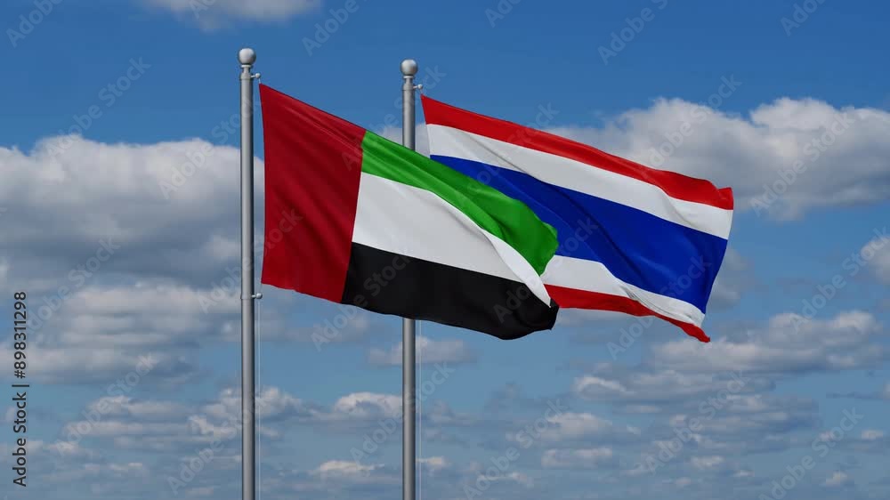 Kingdom of Thailand and United Arab Emirates flags flying together, video concept of the relationship, two country cooperation concept Kingdom of Thailand and United Arab Emirates flags flying together, video concept of the relationship, two country cooperation concept