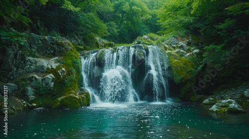  A sizable waterfall, nestled amidst a forest, features an abundance of rocks and lush greenery adjacent to a water body