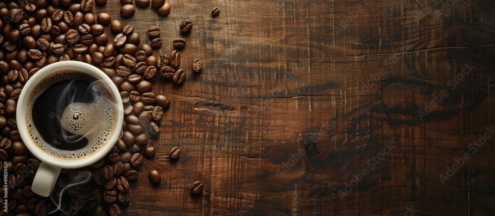 An aerial view of a steaming cup of coffee surrounded by coffee beans on a wooden surface with copy space in the image An aerial view of a steaming cup of coffee surrounded by coffee beans on a wooden surface with copy space in the image