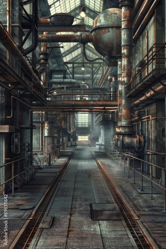 Industrial Revolution. Iron girders, rivets, and steam pipes, with an industrial-era aesthetic. The center is a blank factory floor, with hints of machinery in the shadows.