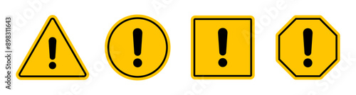Hazard symbol in yellow color with black exclamatory symbol in different shapes. Caution symbols set with exclamation mark in various shapes. Danger warning icon set.