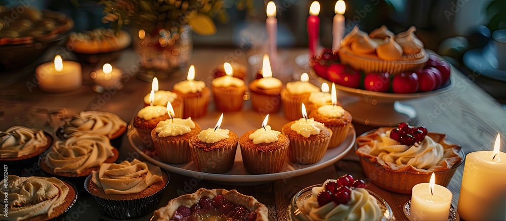 Celebrate a 94th birthday with muffins and candles surrounded by pies on a card with ample copy space image Celebrate a 94th birthday with muffins and candles surrounded by pies on a card with ample copy space image