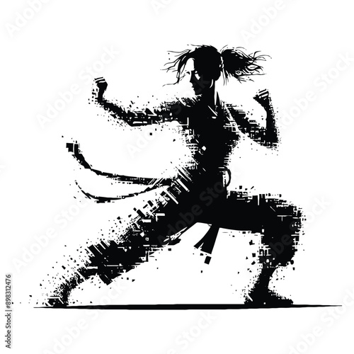 kungfu, Tai Chi  female player in cyberpunk pattern illustration, emblem shield badge