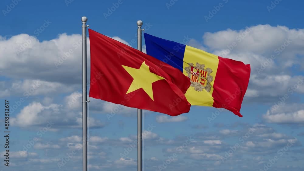Vietnam and Andorra flags flying together, video concept of the relationship Vietnam and Andorra flags flying together, video concept of the relationship