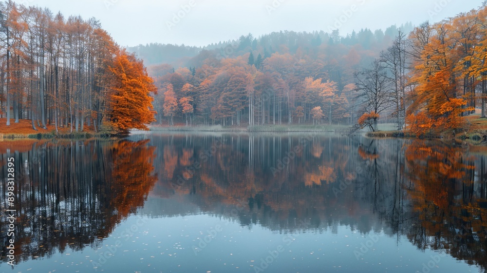 Obraz premium A body of water surrounded by trees with orange and yellow leaves In the foreground, a separate body of water