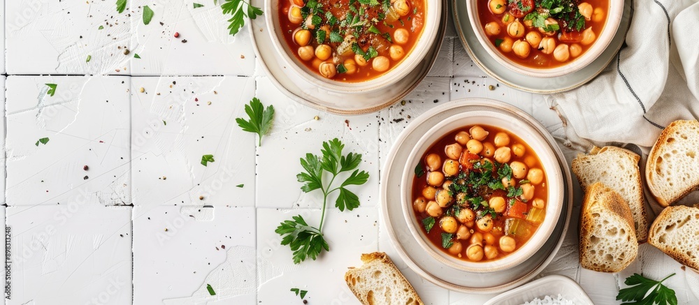Flat lay image featuring delicious chickpea soup in bowls with bread and parsley on a white tiled table offering space for text. Creative banner. Copyspace image Flat lay image featuring delicious chickpea soup in bowls with bread and parsley on a white tiled table offering space for text. Creative banner. Copyspace image