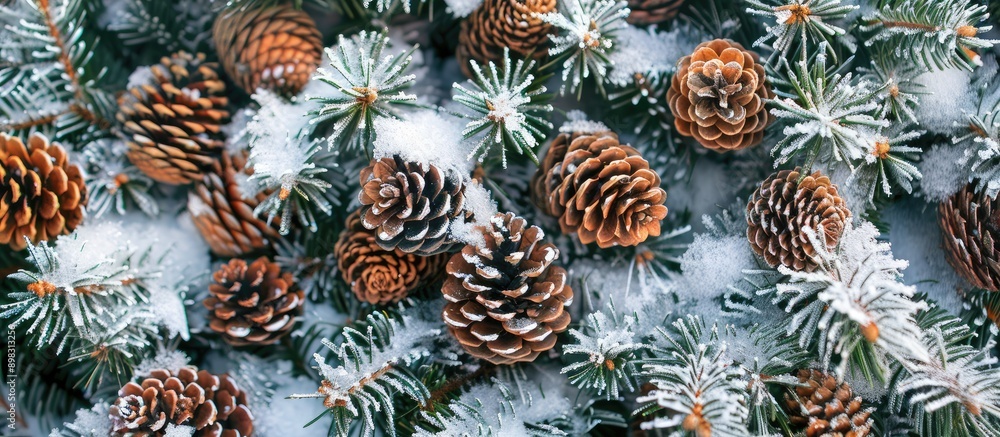 Top down view of a Christmas tree adorned with pine cones and twigs covered in snow providing an ideal copy space image Top down view of a Christmas tree adorned with pine cones and twigs covered in snow providing an ideal copy space image