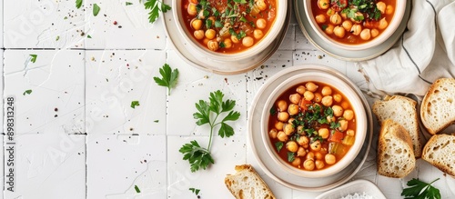 Flat lay image featuring delicious chickpea soup in bowls with bread and parsley on a white tiled table offering space for text. Creative banner. Copyspace image