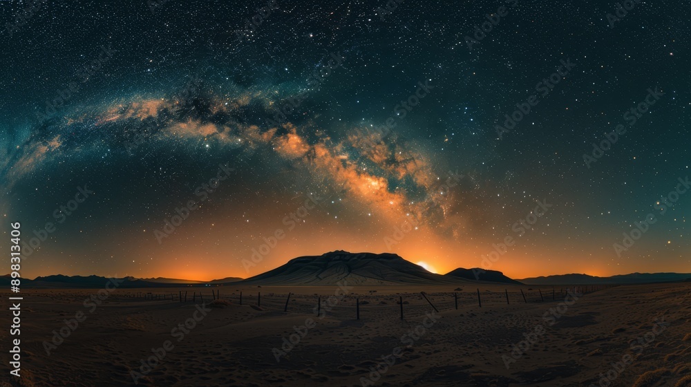 A mountain in the foreground frames the star-filled night sky A mountain in the foreground frames the star-filled night sky