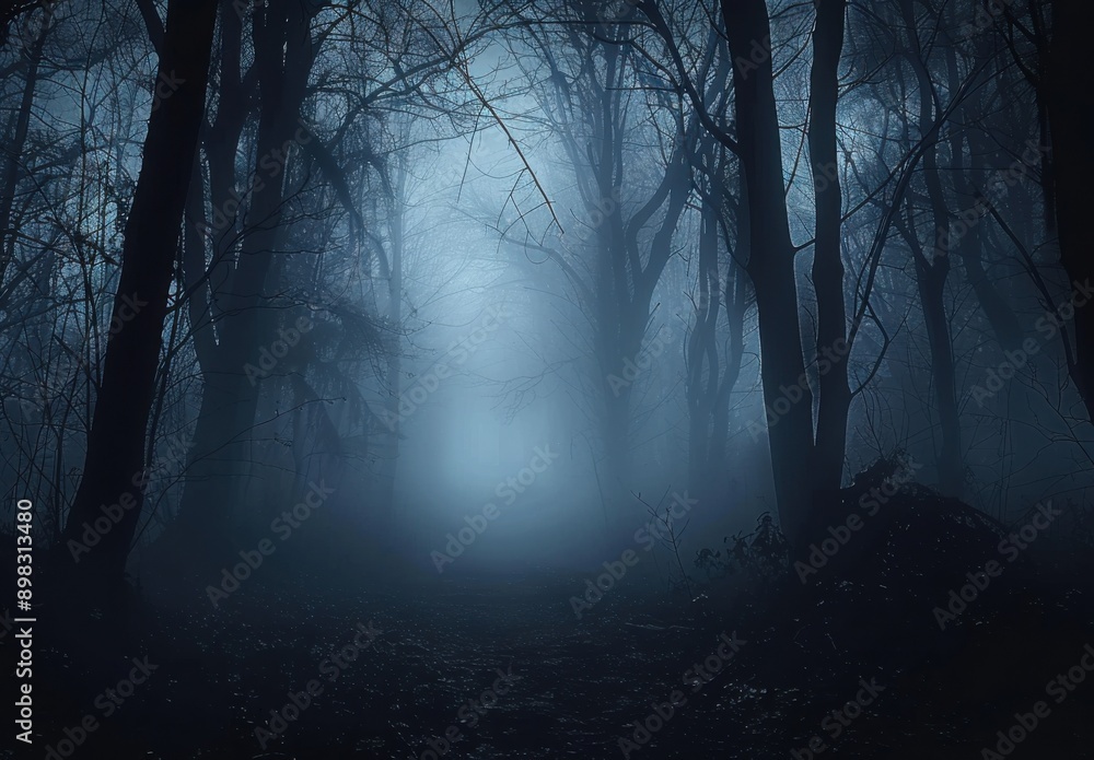 A dark, eerie forest engulfed in thick blue fog with tall, leafless trees creating a haunting atmosphere.