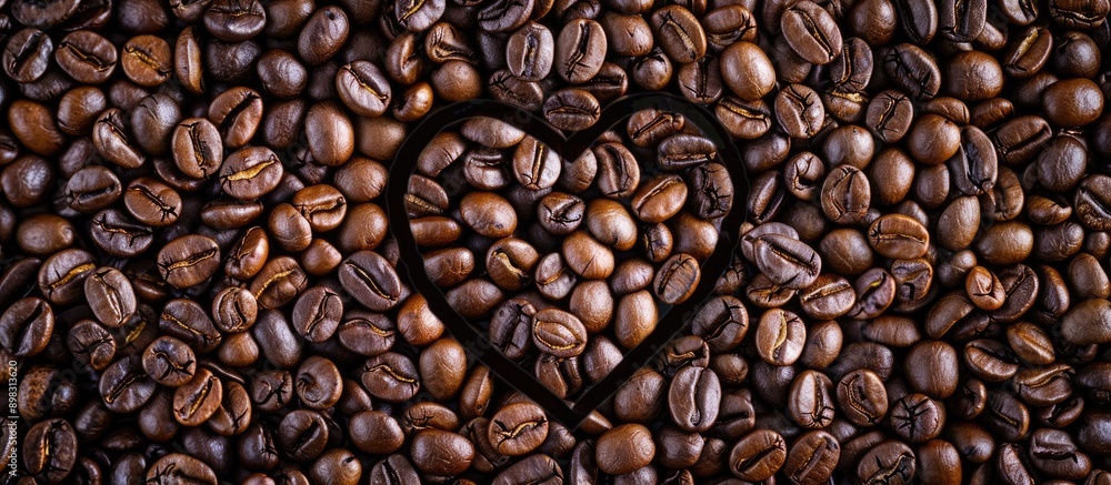Close up of a heart shaped formation created with coffee beans on a background of roasted coffee beans emphasizing the concept of International Coffee Day with copy space image Close up of a heart shaped formation created with coffee beans on a background of roasted coffee beans emphasizing the concept of International Coffee Day with copy space image