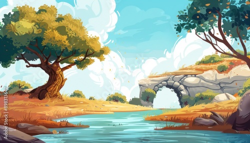 Landscape Illustration with Tree and River under Clear Sky