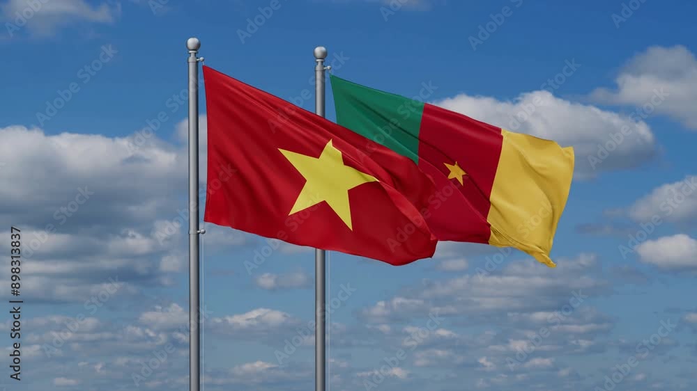 Cameroon and Vietnam flags flying together, video concept of the relationship, two country relations concept Cameroon and Vietnam flags flying together, video concept of the relationship, two country relations concept