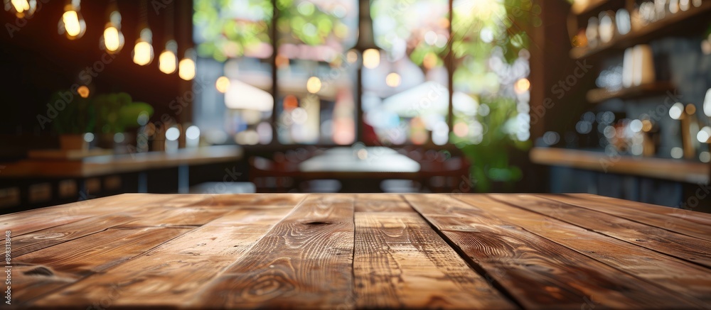 Coffee shop background with bokeh showcasing an empty brown wooden table ideal for product display as it features copy space image for advertisements Coffee shop background with bokeh showcasing an empty brown wooden table ideal for product display as it features copy space image for advertisements