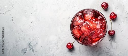 Cherry cocktail with ice on a light surface seen from above featuring a spacious area for text or images copy space image