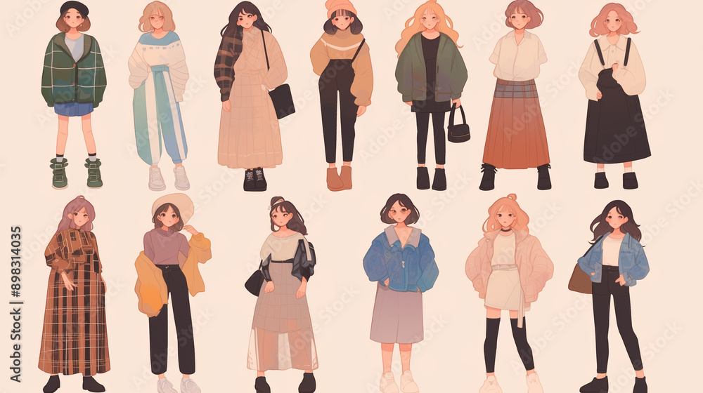 Fototapeta premium Illustrated set of adorable girls dressed in fashionable clothing.
