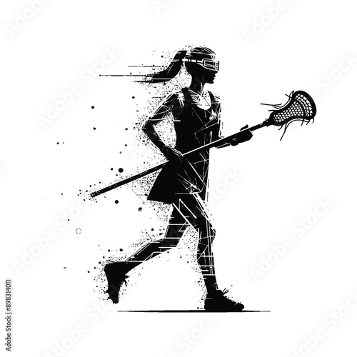 Lacrosse  female player in cyberpunk pattern illustration, emblem shield badge