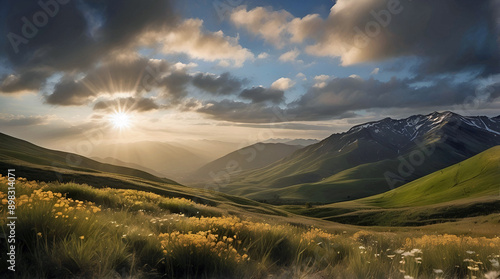 Sunrise Cloudy Sky Over Beautiful Mountain Valley