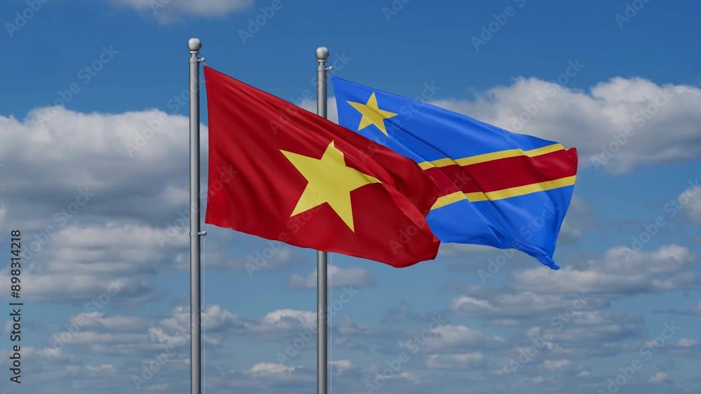 Democratic Republic of the Congo and Vietnam flags flying together, video concept of the relationship, two country relations concept Democratic Republic of the Congo and Vietnam flags flying together, video concept of the relationship, two country relations concept