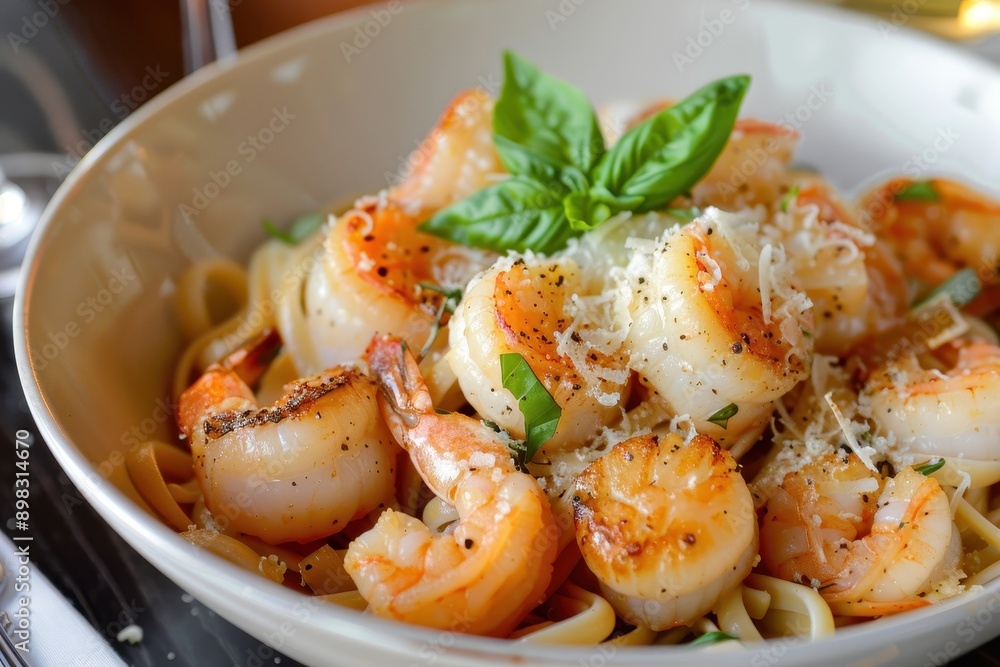 A dish of seafood pasta, with linguine, shrimp, scallops, and a garlic white wine sauce, garnished with grated Parmesan and basil. A dish of seafood pasta, with linguine, shrimp, scallops, and a garlic white wine sauce, garnished with grated Parmesan and basil.