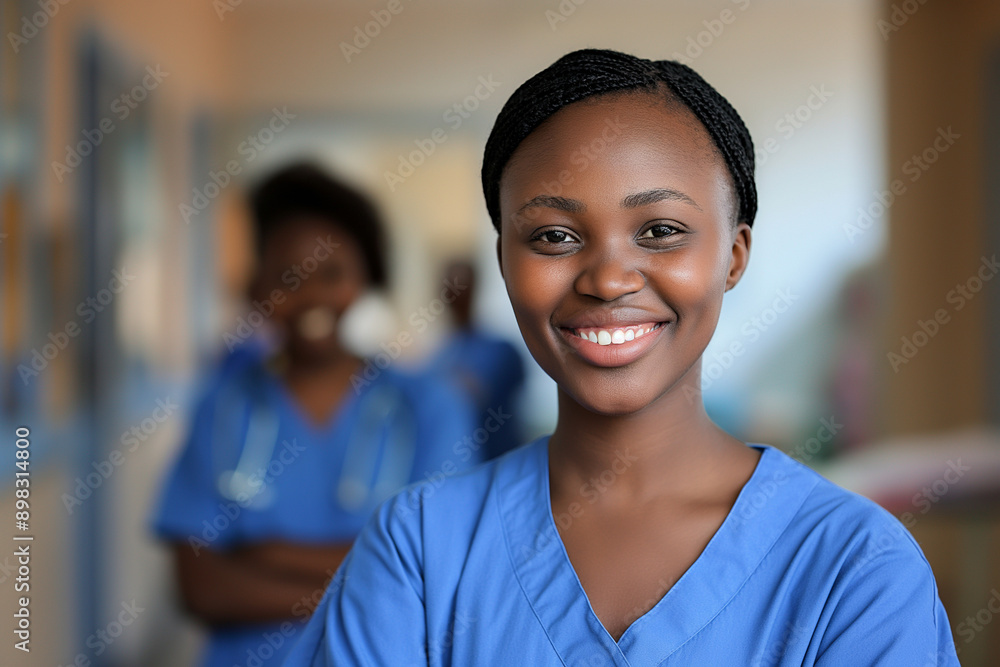 a natural casual looking happy face of a smiling picture in a african nurses with light hospital blurring background a natural casual looking happy face of a smiling picture in a african nurses with light hospital blurring background