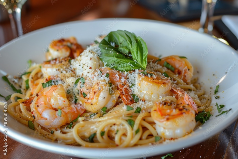 A dish of seafood pasta, with linguine, shrimp, scallops, and a garlic white wine sauce, garnished with grated Parmesan and basil. A dish of seafood pasta, with linguine, shrimp, scallops, and a garlic white wine sauce, garnished with grated Parmesan and basil.
