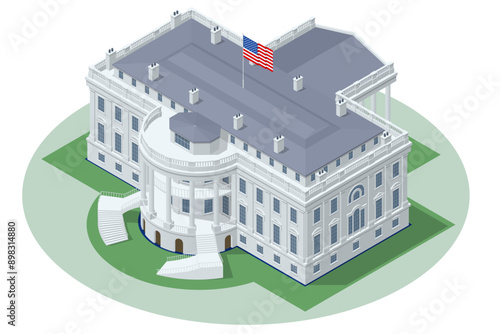 Isometric United States Capitol building with American flag, Washington DC, USA.