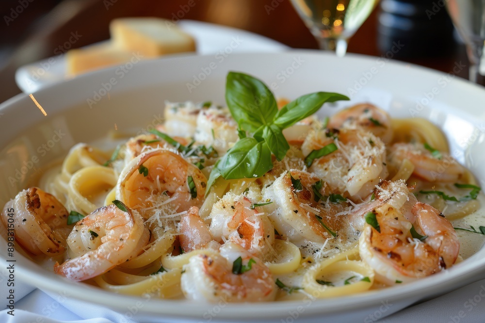 A dish of seafood pasta, with linguine, shrimp, scallops, and a garlic white wine sauce, garnished with grated Parmesan and basil. A dish of seafood pasta, with linguine, shrimp, scallops, and a garlic white wine sauce, garnished with grated Parmesan and basil.