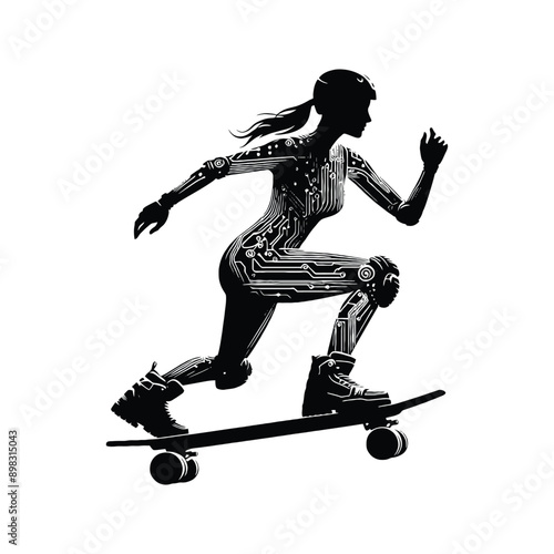 Skateboarding, longboarding  female player in cyberpunk pattern illustration, emblem shield badge