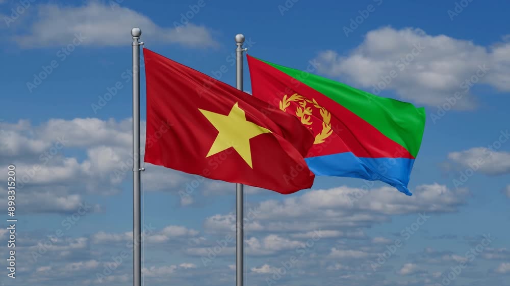Eritrea and Vietnam flags flying together, video concept of the relationship, two country cooperation concept Eritrea and Vietnam flags flying together, video concept of the relationship, two country cooperation concept