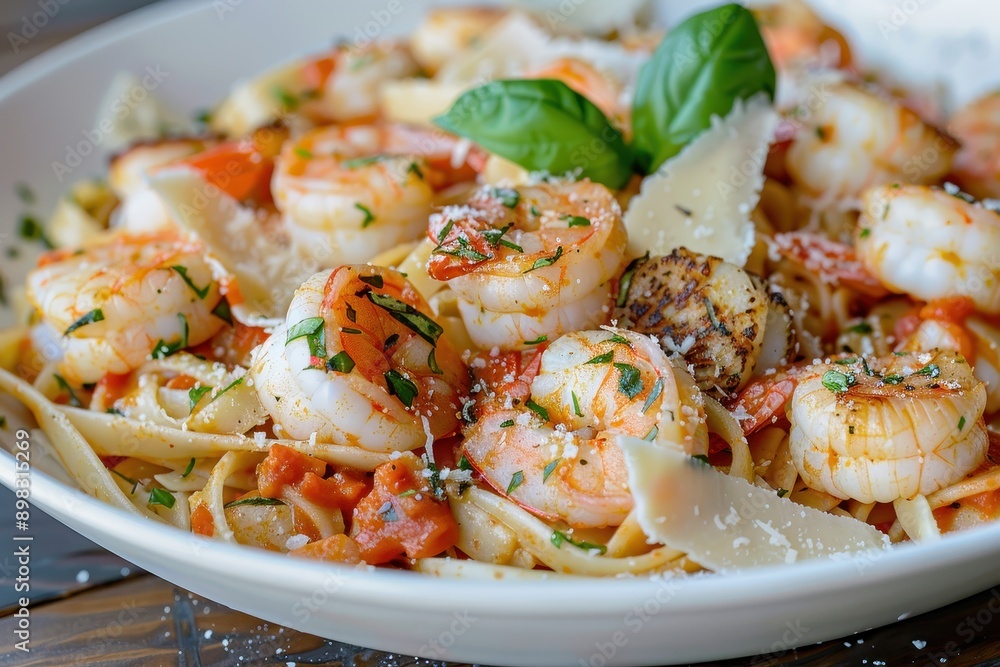 A dish of seafood pasta, with linguine, shrimp, scallops, and a garlic white wine sauce, garnished with grated Parmesan and basil. A dish of seafood pasta, with linguine, shrimp, scallops, and a garlic white wine sauce, garnished with grated Parmesan and basil.